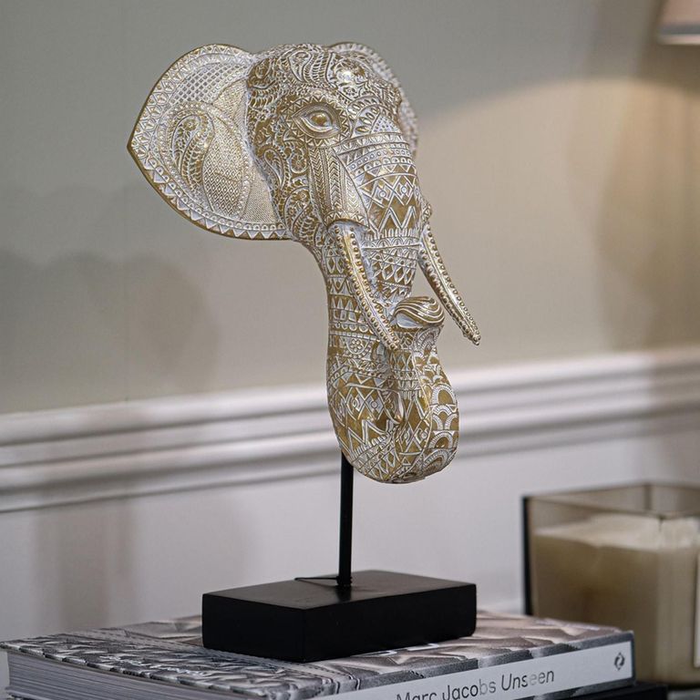 Set of 2 Elephant Head Gold, White and Black Large Sculpture