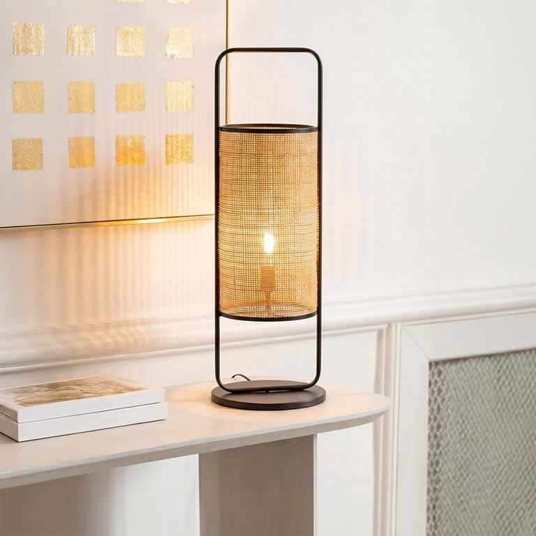 Elton Table Lamp - On Foot - Black and Natural - Rattan and Metal