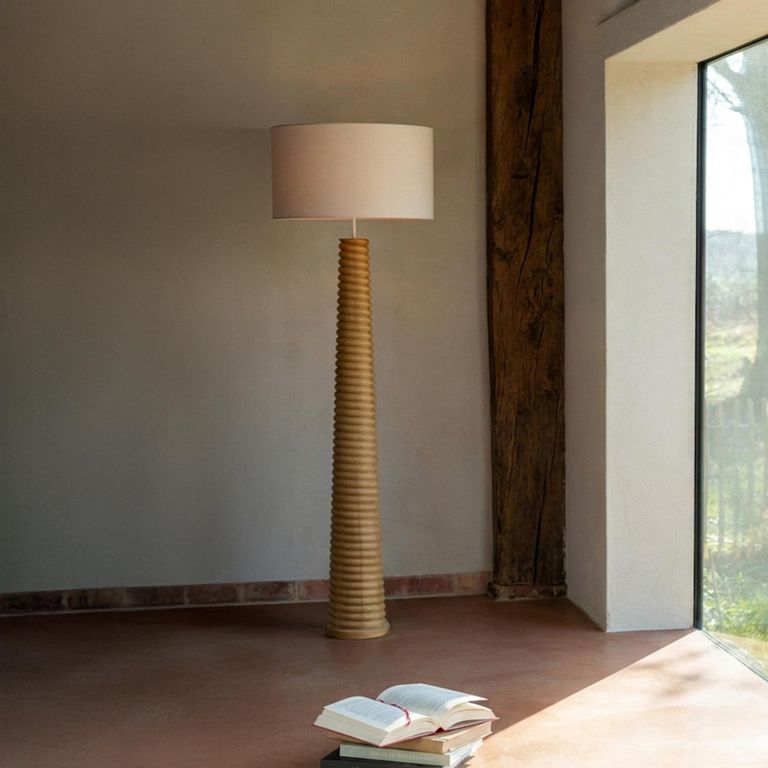 Floor Lamp - Natural and Grey - Threaded Ailanthus Wood