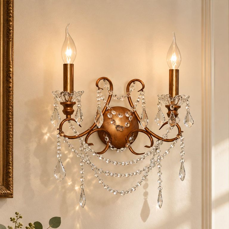 Antique Gold 2 Branch Cut Glass Chandelier Wall Light