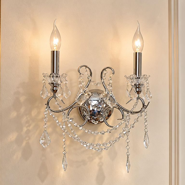 Chrome Grey 2 Branch Cut Glass Chandelier Wall Light