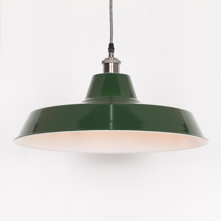 British Factory Style Pendant Light - Green Painted Metal - 46cm