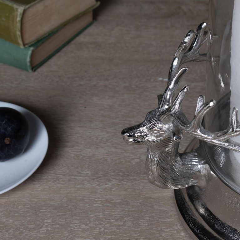 Hurricane Lantern - Silver Metal - Stag Heads