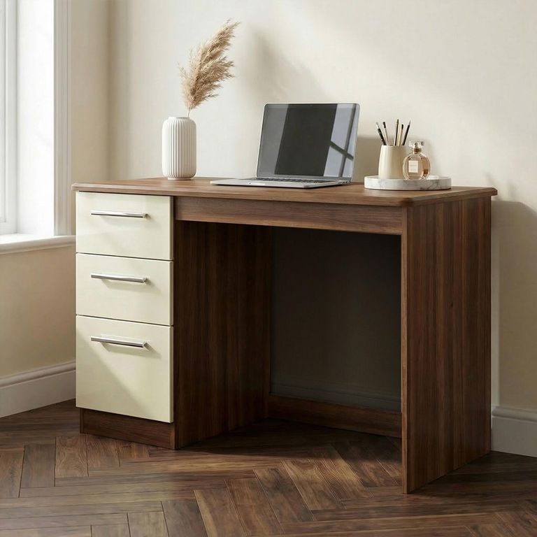 Knightsbridge Desk - 3 Drawer - Cream Gloss and Walnut
