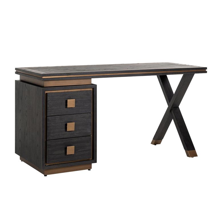 Hunter Black Oak 3 Drawer Desk with Gold Trim