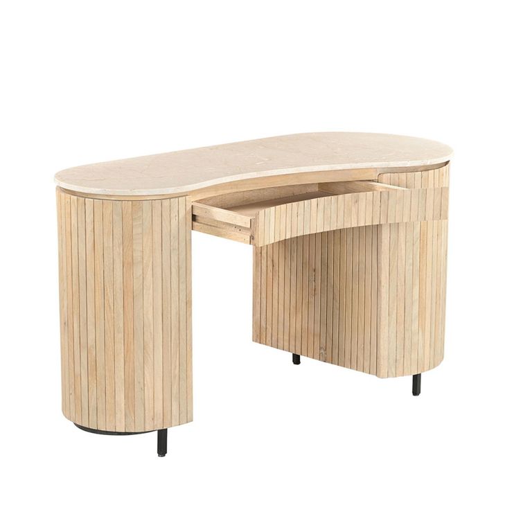 Brix Dexter Fluted Office Desk - 1 Door - 1 Drawer - Beige and Natural - Mango Wood