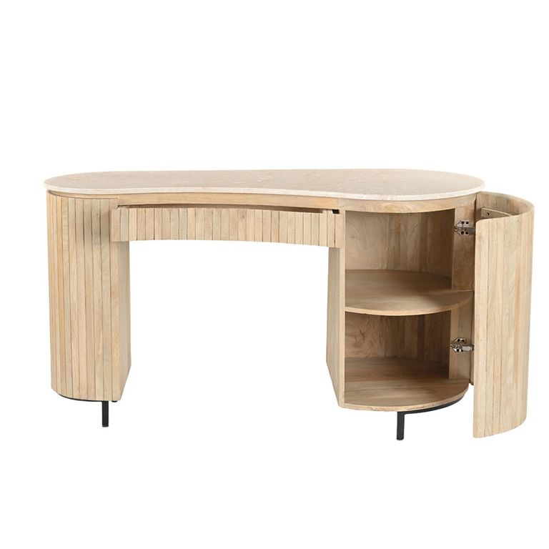 Brix Dexter Fluted Office Desk - 1 Door - 1 Drawer - Beige and Natural - Mango Wood