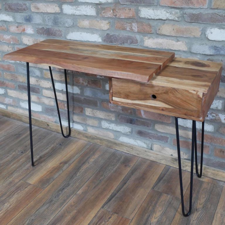 Office Desk - 1 Drawer - Hairpin Leg - Natural and Black - Acacia Wood and Metal
