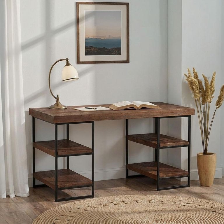 Elena Distressed Desk - Dark Brown - Teak Wood