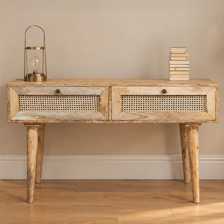Acacia Wood and Rattan 2 Drawer Desk