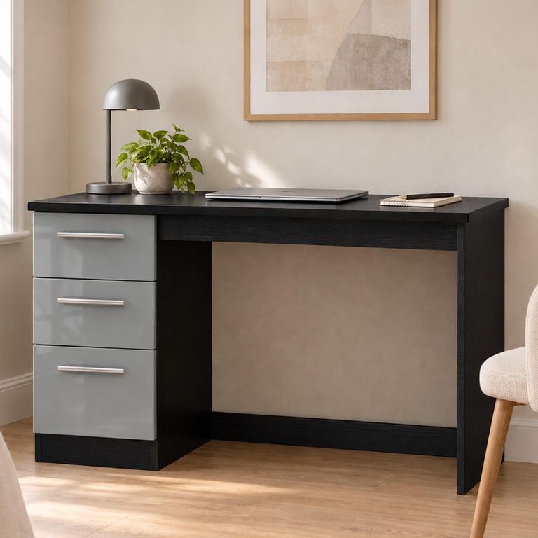 Knightsbridge Grey Gloss and Black 3 Drawer Desk