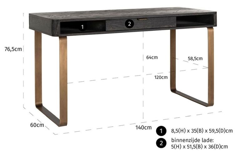 Blackbone Black and Brass 1 Drawer Desk