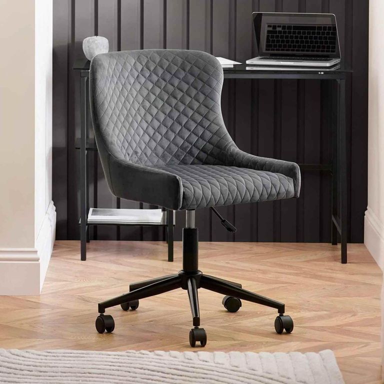Luxe Swivel Office Chair - Curved Back - Adjustable Height - Grey Velvet and Black - Fabric and Metal