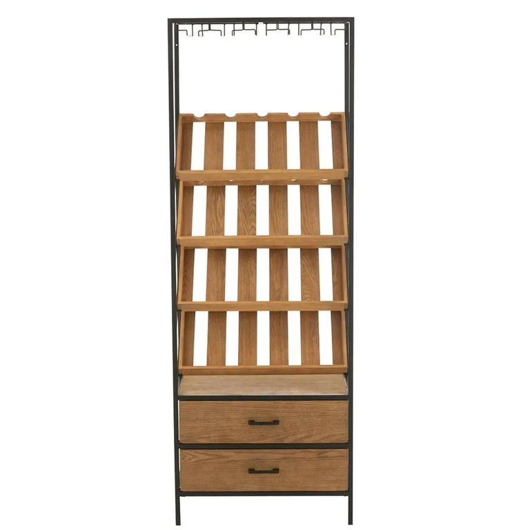Bar Cabinet - 2 Drawer - Tall - Natural Wood and Black Metal