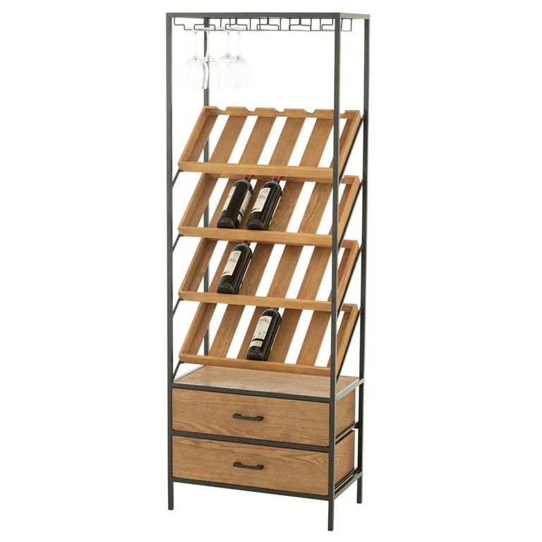 Bar Cabinet - 2 Drawer - Tall - Natural Wood and Black Metal