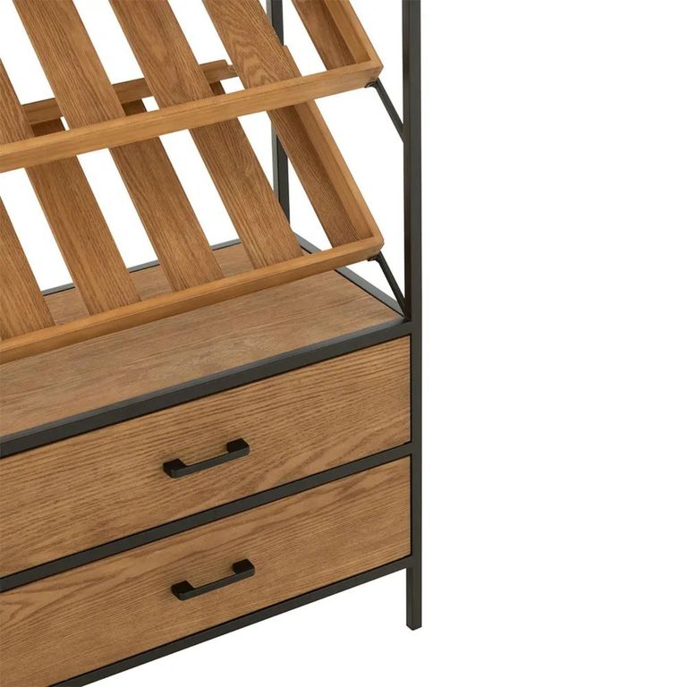 Bar Cabinet - 2 Drawer - Tall - Natural Wood and Black Metal