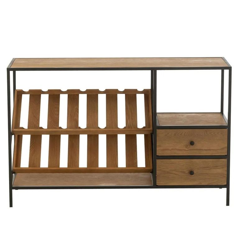 Bar Cabinet - 2 Drawer - Small - Natural Wood and Black Metal