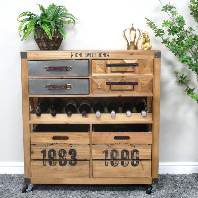 Wine Cabinet - Multi Drawer - on Wheels - Fir Wood