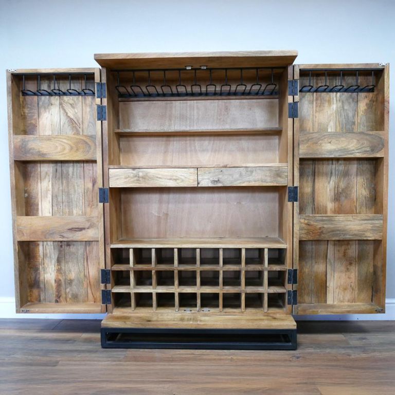 Solstice Wine Cabinet - 2 Door - 2 Drawer - Carved Radial Sunburst - Rustic - Mango Wood