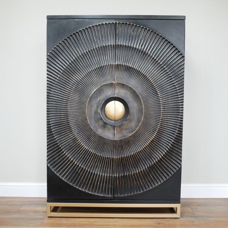 Solstice Wine Cabinet - 2 Door - 2 Drawer - Carved Radial Sunburst - Black - Mango Wood