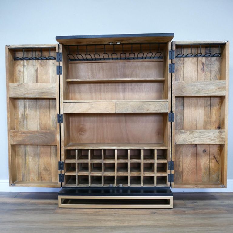 Solstice Wine Cabinet - 2 Door - 2 Drawer - Carved Radial Sunburst - Black - Mango Wood