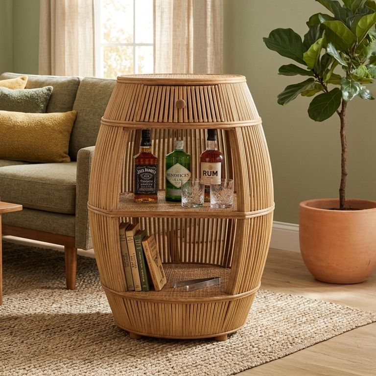 Barrel Bar Table - 1 Drawer - Round - Natural Rattan - Bamboo Wood