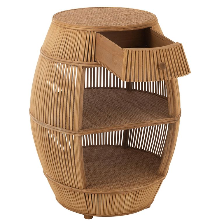 Barrel Bar Table - 1 Drawer - Round - Natural Rattan - Bamboo Wood