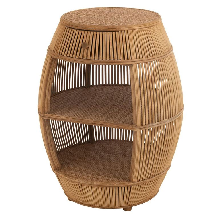 Barrel Bar Table - 1 Drawer - Round - Natural Rattan - Bamboo Wood