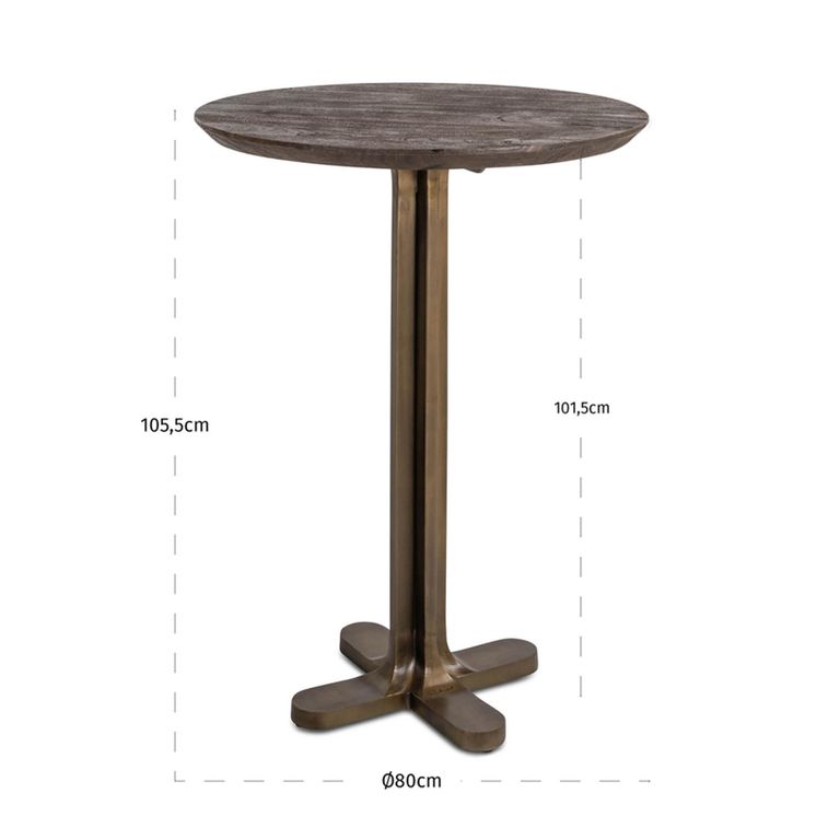 Revelin Bar Table - Round - Dark Brown - Brushed Gold - Mango Wood Top