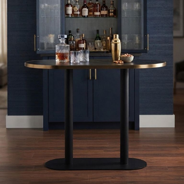Zenza Bar Table - Oval - Black - Faux Marble and Metal