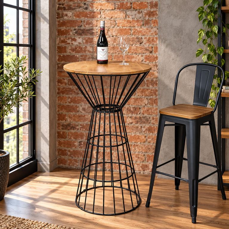Mango Wood and Black Metal Round Bar Table