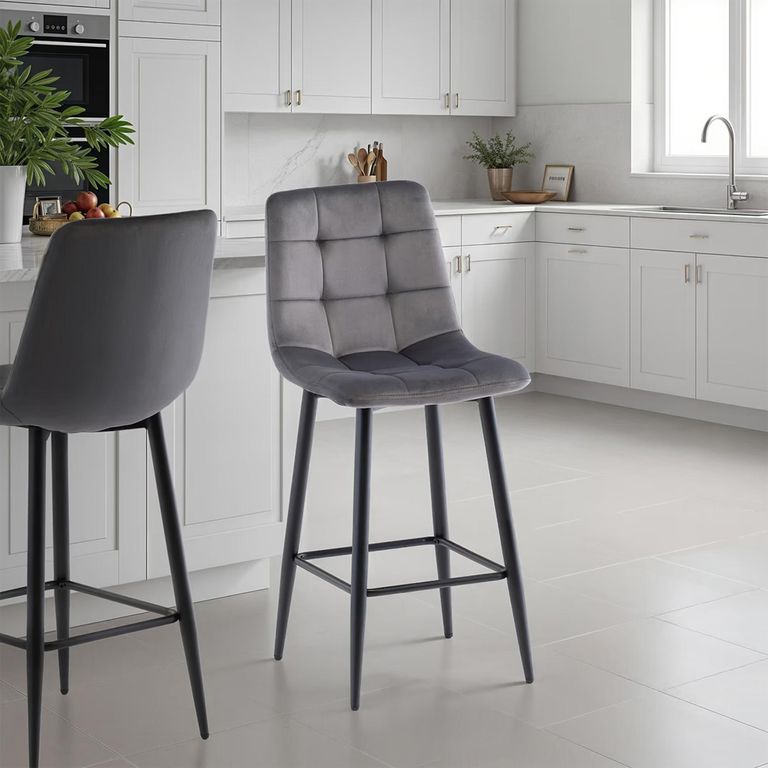 Bella Counter Stools - Set of 2 - Grey Velvet Fabric