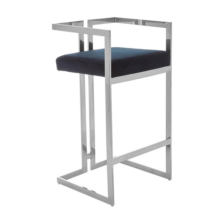 Azalea Barstool - Set of 2 - Black Velvet Fabric with Silver Metal