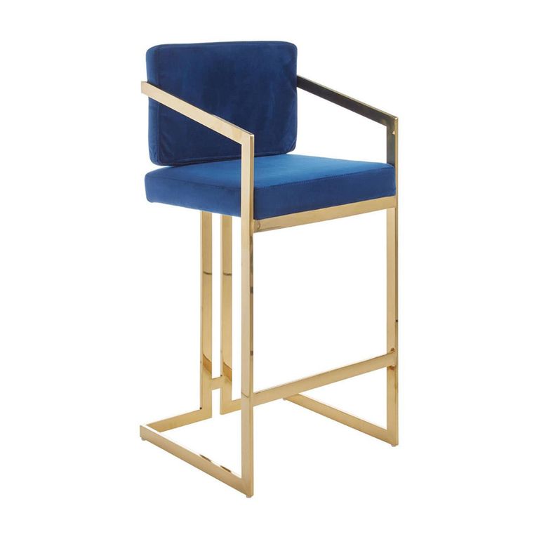 Azalea Barstool - Set of 2 - Blue Velvet Fabric with Gold Metal
