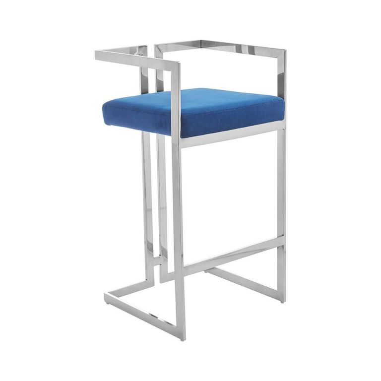 Azalea Barstool - Set of 2 - Blue Velvet Fabric with Silver Metal