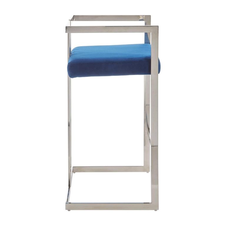 Azalea Barstool - Set of 2 - Blue Velvet Fabric with Silver Metal