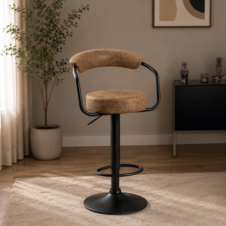 Hanna Barstool - Set of 2 - Adjustable Gas Lift - Brown and Black - Fabric and Metal