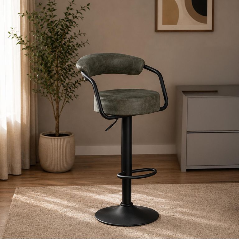 Hanna Barstool - Set of 2 - Adjustable Gas Lift - Olive and Black - Fabric and Metal