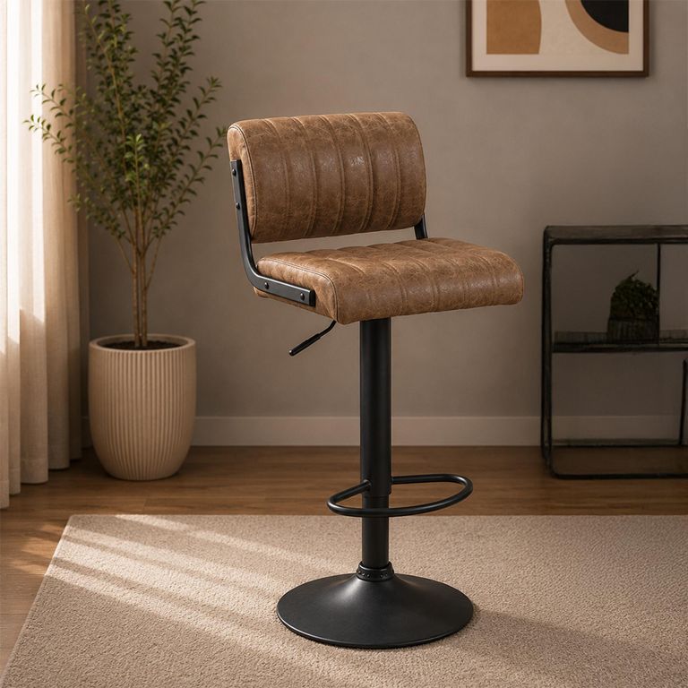 Paris Barstool - Set of 2 - Adjustable Gas Lift - Brown and Black - Fabric and Metal