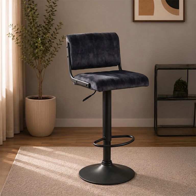 Paris Barstool - Set of 2 - Adjustable Gas Lift - Charcoal and Black - Fabric and Metal