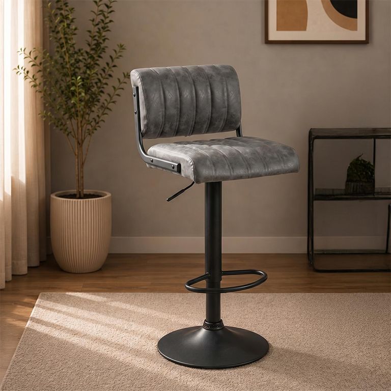 Paris Barstool - Set of 2 - Adjustable Gas Lift - Grey and Black - Fabric and Metal
