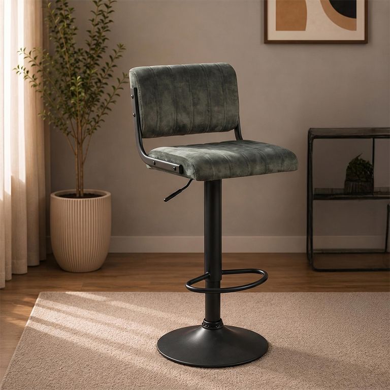 Paris Barstool - Set of 2 - Adjustable Gas Lift - Olive and Black - Fabric and Metal