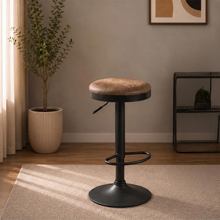 Remi Barstool - Set of 2 - Adjustable Gas Lift - Round - Brown and Black - Fabric and Metal