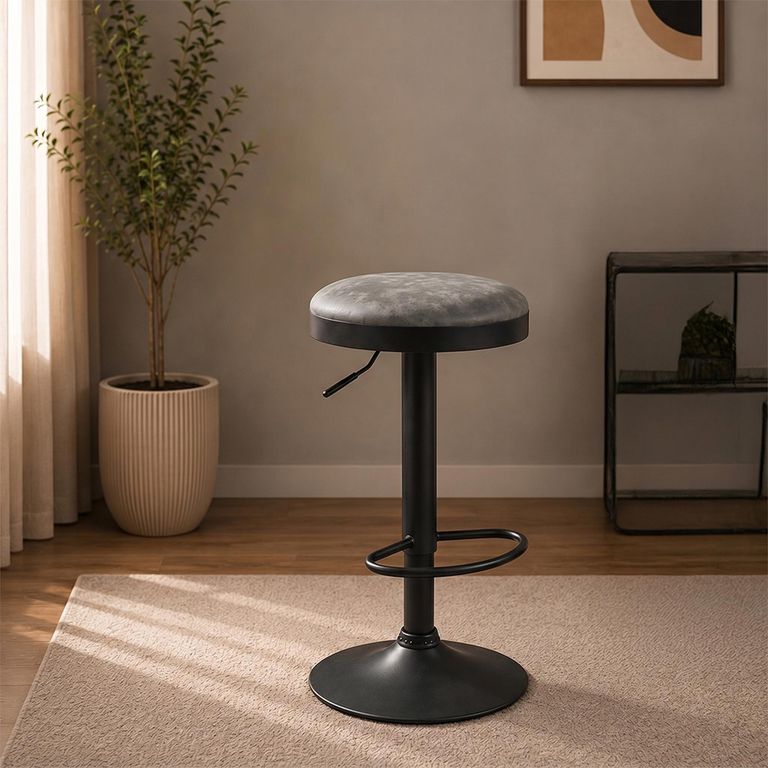 Remi Barstool - Set of 2 - Adjustable Gas Lift - Round - Grey and Black - Fabric and Metal