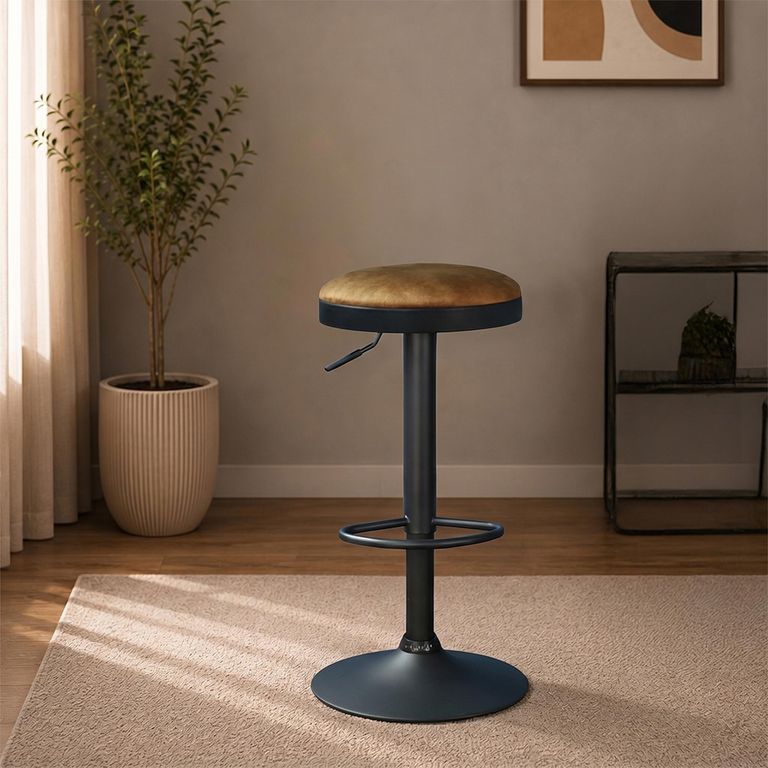 Remi Barstool - Set of 2 - Adjustable Gas Lift - Round - Rust and Black - Fabric and Metal