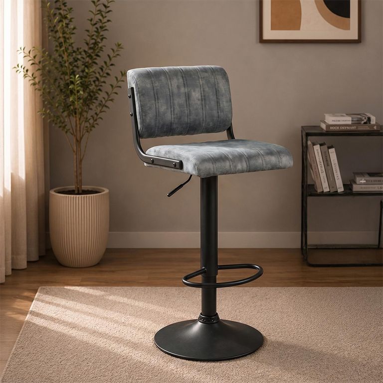 Paris Barstool - Set of 2 - Adjustable Gas Lift - Stone Blue and Black - Fabric and Metal