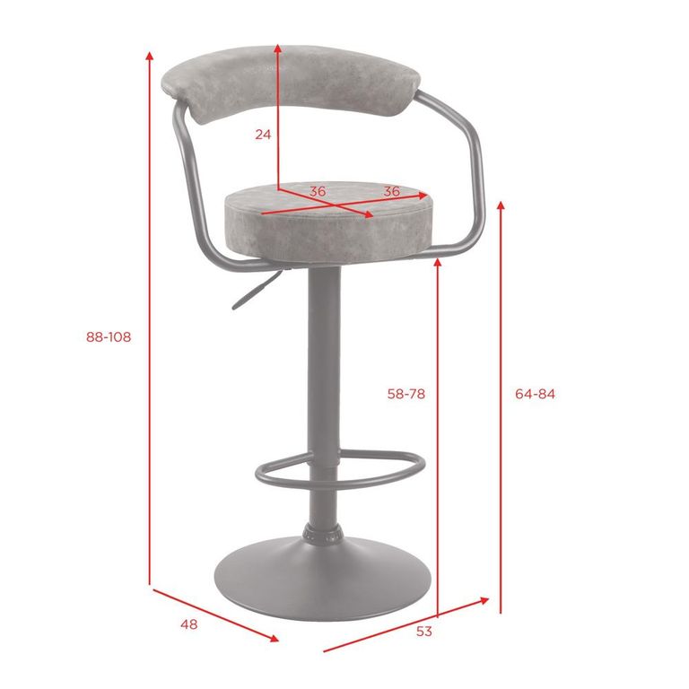 Hanna Barstool - Set of 2 - Adjustable Gas Lift - Grey and Black - Fabric and Metal