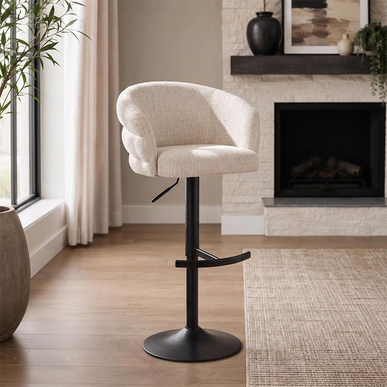 Nikki Swivel Barstool - Curved Back - Adjustable Height - Beige and Black - Fabric and Metal