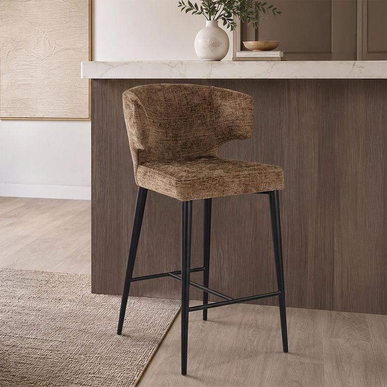 Taylor Counter Stool - Curved Back - Brandy and Black - Fabric and Metal