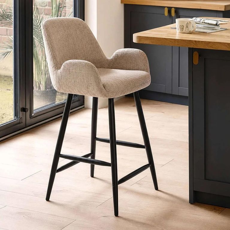 Barley Bar Stool - Set of 2 - Cream Chenille and Black - Fabric and Metal